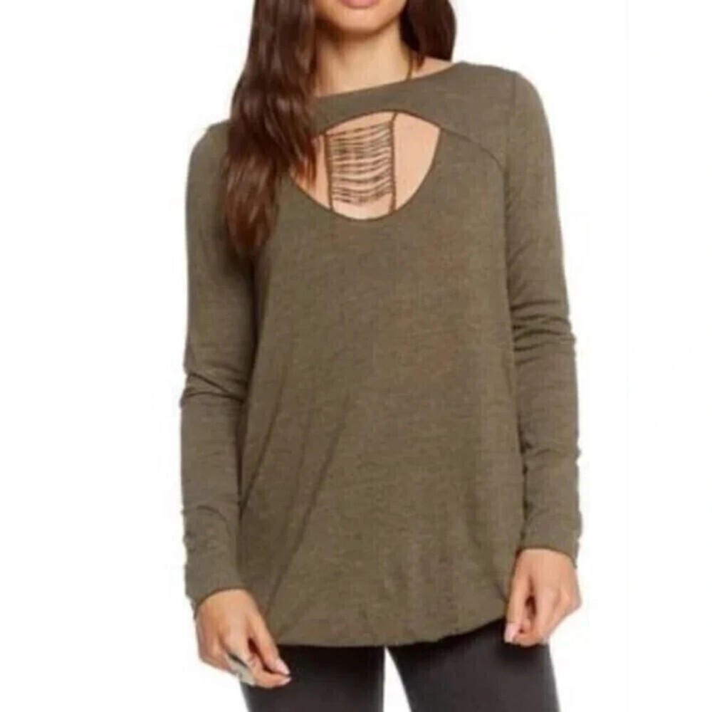 NWT CHASER Olive Green Cut Out Drape Back Long Sleeve Soft Shirt Top Size Medium